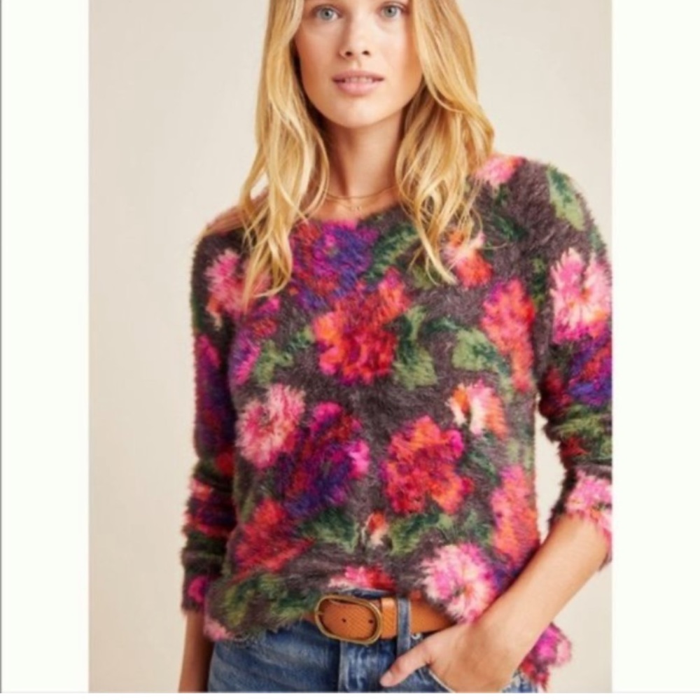 Anthropologie Ariel Eyelash Sweater Floral long Sleeve Soft Small